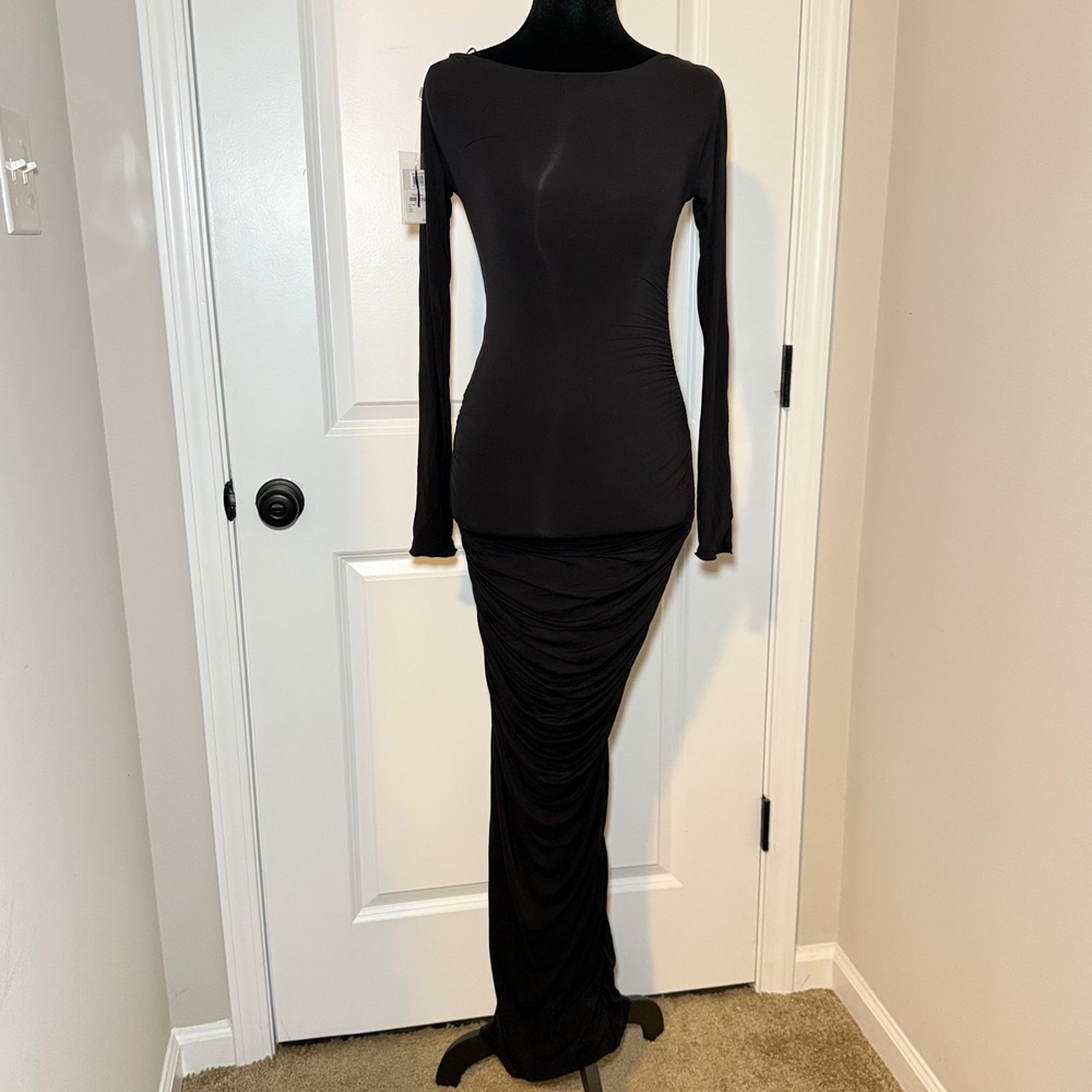 NWT Naked Wardrobe Womens Black Long Sleeve Maxi Dress Size S Glam Bodycon